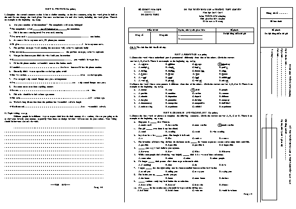 Đề thi tuyển sinh vào Lớp 10 trường THPT chuyên môn Tiếng Anh (Chuyên) - Năm học 2014-2015 - Sở giáo dục và đào tạo Nam Định